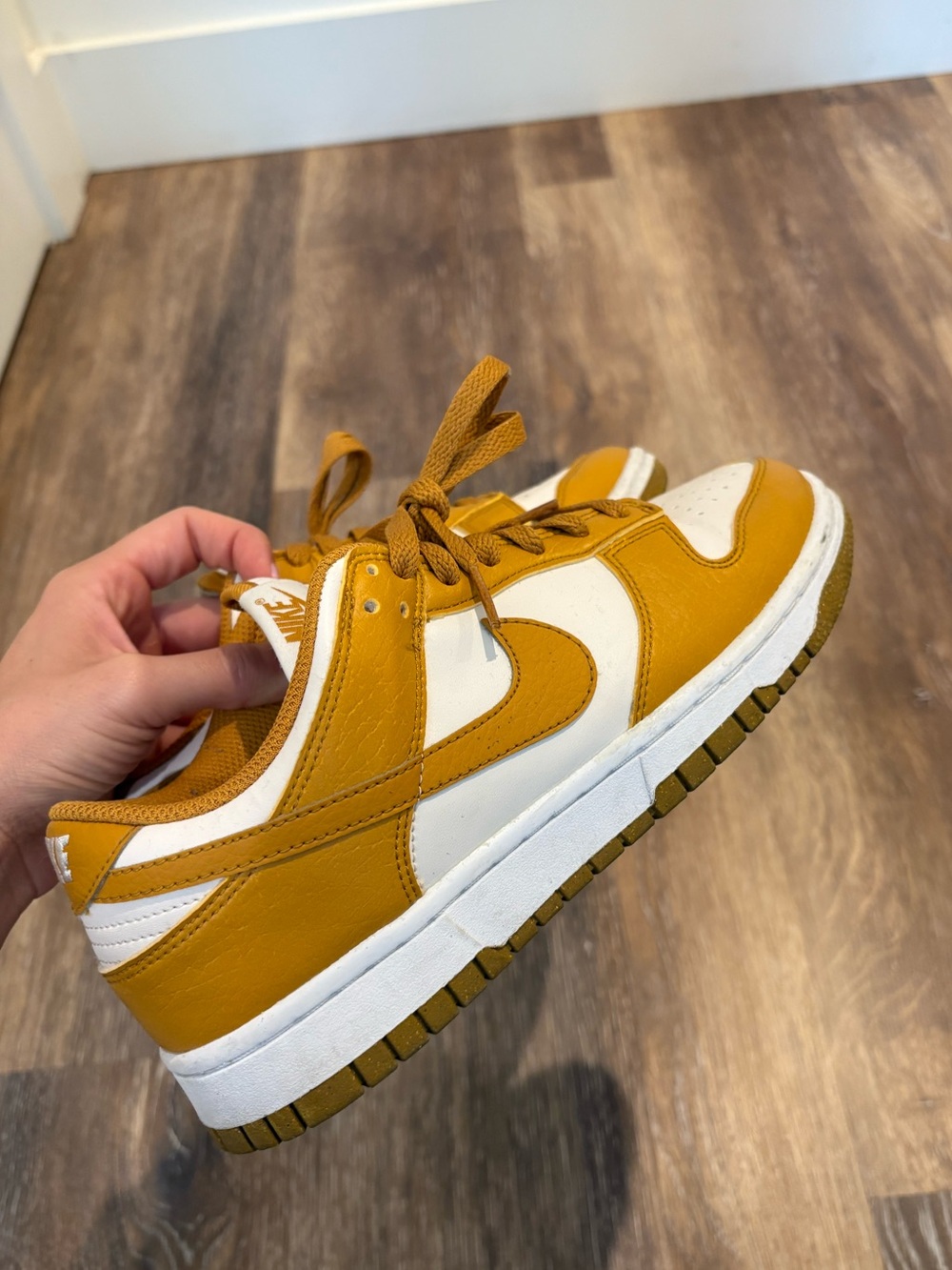 Nike Dunks: Yellow and White Leather Low-Top. 7.5 women